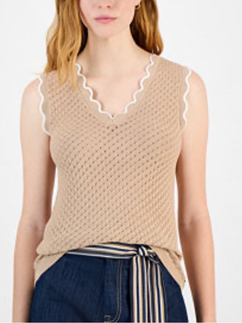 Tommy Hilfiger Camel Pointelle V-Neck Knit top with White Scalloped Edge